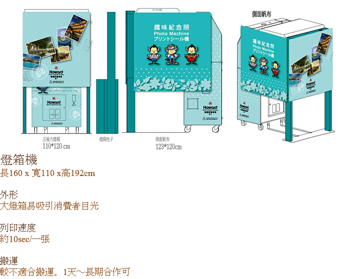 ﷯燈箱機
長160 x 寬110 x高192cm 外形
大燈箱易吸引消費者目光 列印速度
約10sec/一張 搬運
較不適合搬運。1天～長期合作可